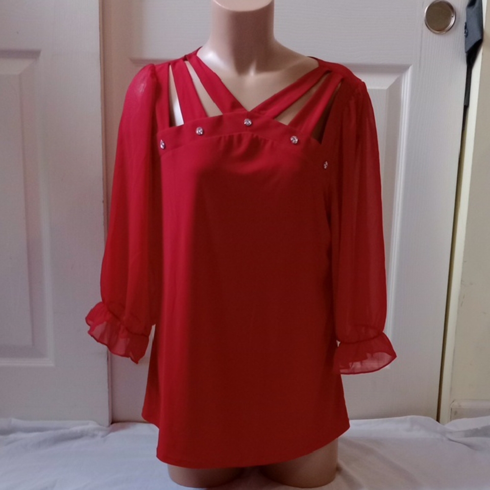 Adele & May Vibrant Red Blouse w/ Strap Detail & Rhinestones | XL - Picture 2 of 10